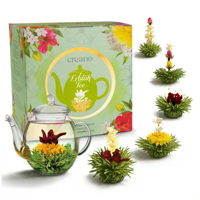 Produktbild von Creano Teeblumen Mix - Geschenkset Erblühtee im modernen Blumendesign mit Glaskanne, Grüner Tee fruchtig aromatisiert (6 Sorten)