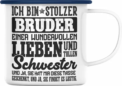 Produktbild von Trendation - Geschenk für Bruder von Schwester Emaille Tasse Lustig Geburtstag Weihnachten Lustig Stolzer Bruder (Blau)