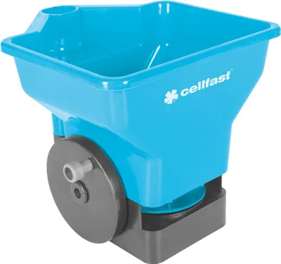 A blue and gray salt spreader is shown against a white background.