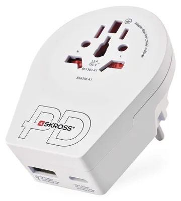 Cestovní univerzální adaptér pro cizince do střední Evropy, 1×USB-C, 1×USB-A