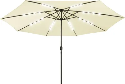 A cream-colored patio umbrella with LED lights and a black metal pole, isolated on a white background.