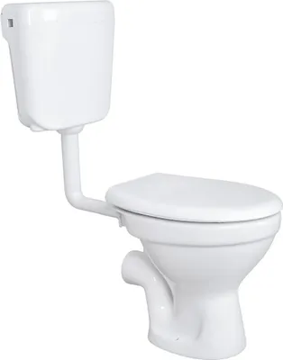 A white toilet with a cistern and lid, isolated on a white background.