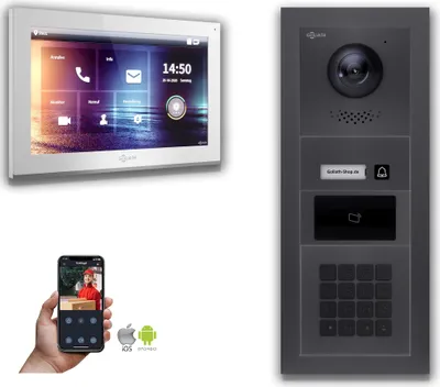 Produktbild von Goliath IP Video Türsprechanlage 1-Monitor Zahlencode RFID Anthrazit : Aufputzdose : 10 Zoll in Weiß : 4er POE (Standard) Türklingel