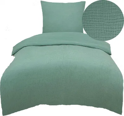 A duvet cover and pillowcase set laid out on a white background.