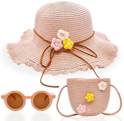 Productafbeelding van Meisjes strandhoed set - Roze zomerhoed met accessoires - 3 stuks