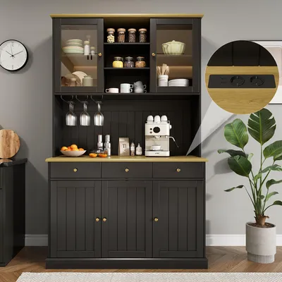 Image de Flieks Cuisine Armoires hautes avec Usb, Armoire de cuisine Buffet avec portes vitrées et porte-verres, Buffet de cuisine 120x40x191cm, Noir