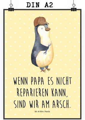 Produktbild von Mr. & Mrs. Panda Bild Wenn Papa es nicht reparieren kann, sind wir am Arsch DIN A2 - Gelb Pastell - Geschenk, kunstdruck poster, Vater, Plakat, Vatertag, Pinguin, drucke