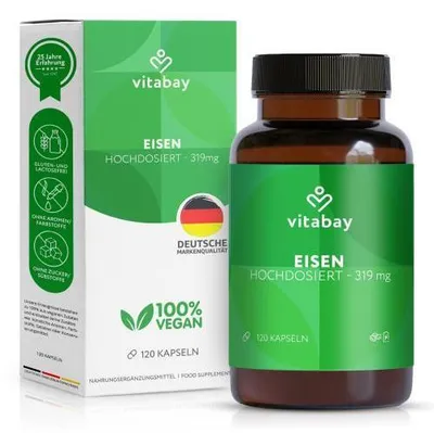 Produktbild von Vitabay Eisen 319 mg - 120 vegane Kapseln mit Eisenbisglycinat - Hochdosiertes Eisenpräparat - Vorrat für 4 Monate