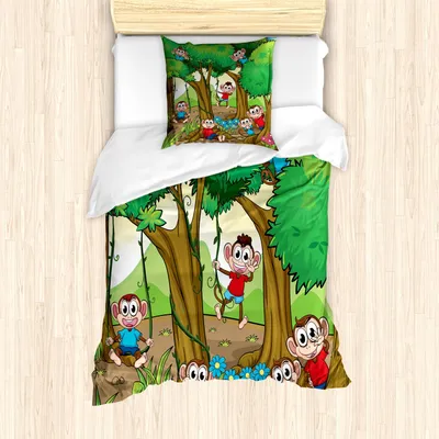 Produktbild von ABAKUHAUS Kindergarten Bettbezug Set, Kinderkinderaffen-Affen, die im exotischen Wald mit großen Bäumen und Daisy Blooms spielen, 135 x 200 cm + 80 x 80 cm, Mehrfarbig
