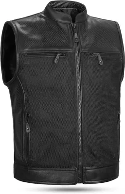 Produktbild von Weste für Herren, tailliert, aus echtem Leder, in Schwarz, mit perforierten Einsätzen und Reißverschluss
