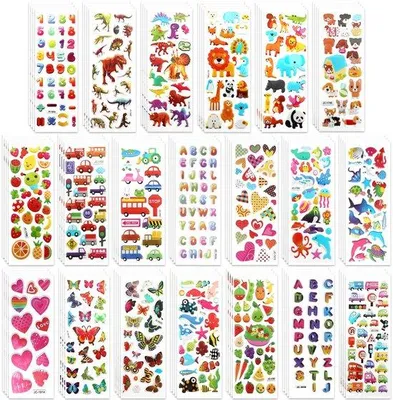 Produktbild von Kindersticker-Set mit 80 Selbstklebenden Stickers in Tier-, Zahl-, Buchstaben-, Frucht- und Autosdesign