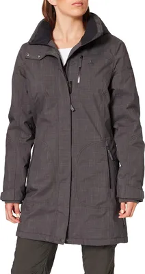 A woman is wearing a dark gray patterned parka.