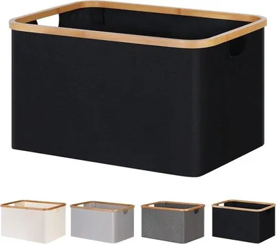 Productafbeelding van Unyqoos® Opvouwbare wasmand (60 liter) van bamboe en stof – zwart, 54 x 37 x 30 cm, met draaghandgrepen en bamboe verstevigingsstangen, geschikt voor slaapkamer en badkamer