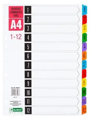 Produktbild von Zahlenregister 1-12 A4, Karton m. mit laminiertem Index