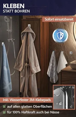 Handtuchhaken Set von 6 für Badezimmer und Küche - Edelstahl, Klebehaken ohne Bohren