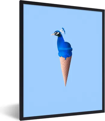 Produktbild von MuchoWow® Gerahmtes Poster Pfau - Eistüten - Eiscreme - Blau - Vogel 60x80 cm - Poster mit Schwarzem Bilderrahmen Wandposter Rahmen Foto Bilder - Premium - Wanddeko Wohnzimmer