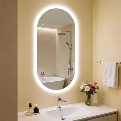 Obrázok produktu pre LED zrkadlo do kúpeľne - Oválne nástenné zrkadlo - 50x100 cm - S podsvietením - Bez zahmlievaniu - Dotykové ovládanie s funkciou pamäte - IP44