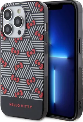 Immagine prodotto di Cover posteriore in TPU per iPhone 15 Pro di Hello Kitty - motivo a fiocco - strisce - nero