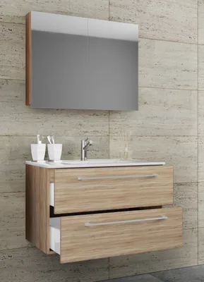 Produktbild von VCM 3-tlg. Waschplatz Waschtisch | Waschbecken Unterschrank Breite 80 cm | Badmöbel Set mit Schubladen Drehtüren Spiegelschrank | Badinos