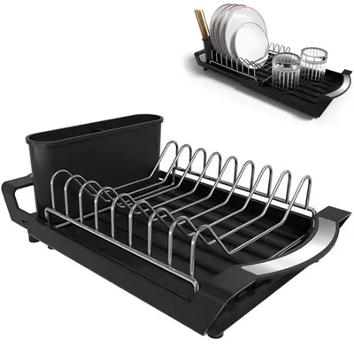 Image de Égouttoir, égouttoir en acier inoxydable, égouttoir compact et extensible avec range-couverts, porte-couverts, égouttoir de cuisine / 29 x 20 cm, noir