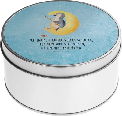 Produktbild von Mr. & Mrs. Panda Blechdose Pinguin Mond - Eisblau - Geschenk, Spruch, Einschlafen, Neugierig, Aufbewahrungsdosen, Keksdose, schlafen, Vorratsdosen, Dose, keksdosen