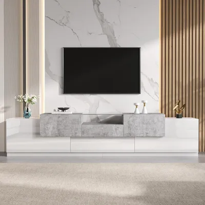 Productafbeelding van Merax TV-meubel met hoogglansafwerking, voorzien van een lade en een klapdeur. TV-kast met glazen plank, tv-tafel met opbergruimte en kabeldoorvoeren, wit met cementlook