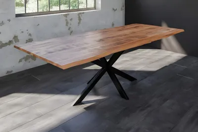 Produktbild von Esstisch Dora 220 x 100 cm, Mangoholz massiv, lackiert & naturfarben, Baumkantentisch mit Spider-Metallgestell in Mattschwarz, echte Baumkante, 26 mm