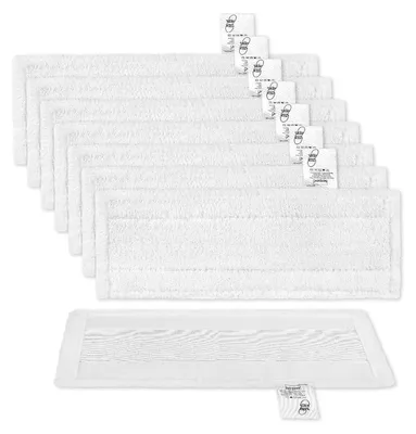 A stack of white microfiber mop pads, with one pad laid out flat below.