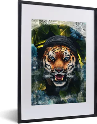 Produktbild von MuchoWow® MuchoWow® Gerahmtes Poster Tiger - Zeitung - Blumen 30x40 cm - Poster mit zchwarzem Bilderrahmen - Wandposter Schlafzimmer