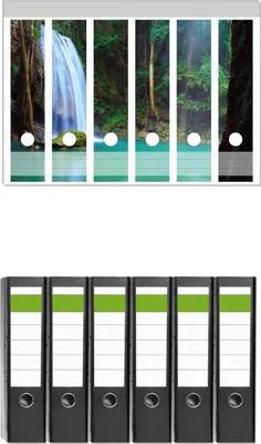 Produktbild von Wallario 6 Stück breite Ordner inkl. Klebeetiketten mit Motive Wasserfall im Wald am See  Idylle in Thailand -  Set mit Rückenschildern / Ordnerrücken Stickern