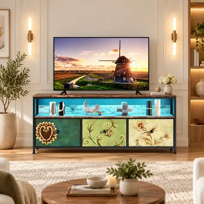 Productafbeelding van INONEFT Kleine TV-kast met LED-verlichting, TV-standaard met 3 lades, TV-meubel voor woonkamer, slaapkamer, hal, 137x30x57 cm, verkrijgbaar in verschillende kleuren