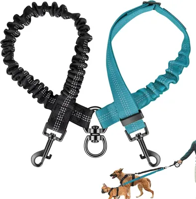 Produktbild von Doppelleine für 2 Hunde, 360° drehbar, stoßdämpfende Bungee, verstellbar, blau, für Spaziergänge