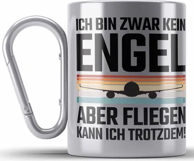 Produktbild von Trendation - Pilot Geschenk Edelstahl Tasse Karabiner Flugzeug Fliegen Geschenkidee Piloten Karabiner Edelstahl Tasse Karabiner Edelstahl Kein Engel (Silber)