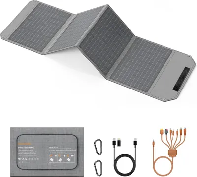 Imagen del producto de Panel solar plegable, 40 W, cargador solar portátil con salidas USB-C, USB-A y DC, mini cargador de 19 V para teléfonos inteligentes, ideal para senderismo y actividades al aire libre