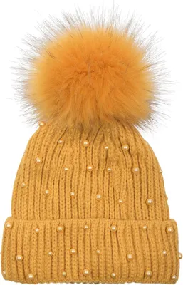 Produktbild von styleBREAKER Damen Strick Bommelmütze mit Perlen und Fleece Futter, warme Winter Fellbommel Mütze, Fake Fur 04024155