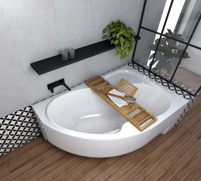 A modern bathroom with a white corner bathtub, wooden bath tray, and a plant.