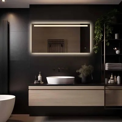 Produktbild von LoXa Badspiegel Ambi LED 120×60 cm – rahmenlos, Ambient-LED & Lichtbalken, dimmbar, Antibeschlag, Touch