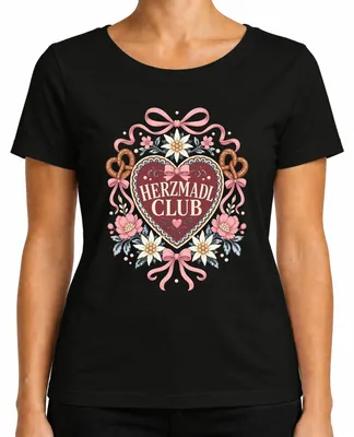Immagine prodotto di HERZMADL CLUB: Maglietta da donna a tema alpino con motivo "Edelweiß", pantaloni in pelle, maglietta nera, taglia L