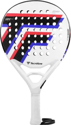 A white padel racket with red, white, and blue accents.