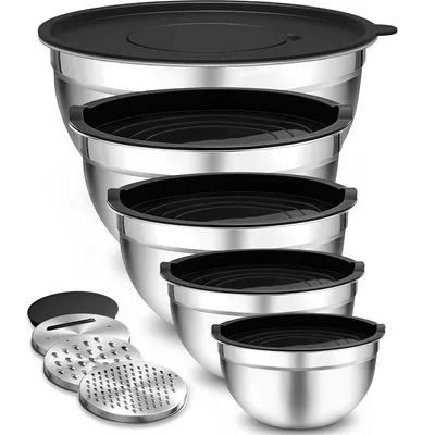 Produktbild von Rührschüssel 5er Set, Edelstahl Salatschüssel Set mit luftdichten deckel, 3 Reibenaufsätzen stapelbar 0.5L, 1L, 1.5L, 2L, 4L,für Mischen und Servieren