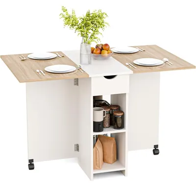 Produktbild von Esstisch Klappbar mit Schublade und Ablagen, 72 x 120 x 75 cm, Eiche und Weiß