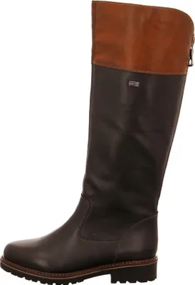 A single black and brown leather boot shown from the side against a white background.