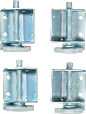 Four identical metal furniture feet with adjustable screws and plastic bases are arranged in a 2x2 grid against a white background.