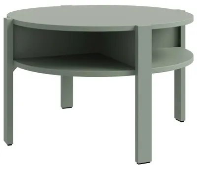Couchtisch TOBAGO rund in Sage Green mit offenem Fach und seitlichem Ablagefach, Gesamtansicht.