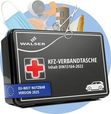 Produktbild von WALSER Erste Hilfe Set Auto 2025, Verbandskasten Auto Auszeichnung *, Auto Verbandskasten 2025, Erste Hilfe Kasten, Verbandskasten Auto 2025, Erste Hilfe Auto, KFZ Verbandkasten DIN 13164 rot