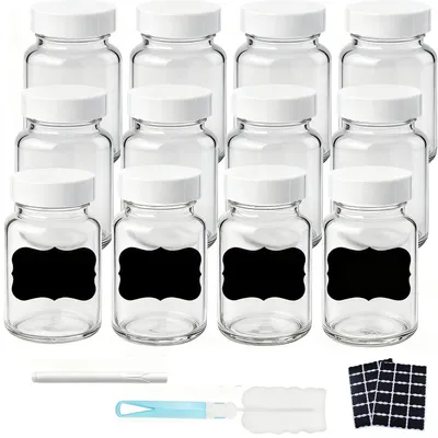 12 Glasflaschen 60 ml mit Deckel, Etiketten & Bürste, durchsichtig