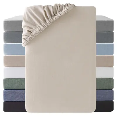 Productafbeelding van Spreeklaken 180 x 200 cm, 100% gewassen katoen, geschikt voor matrassen tot 25 cm dik, ademend, linnenachtig, gecertificeerd volgens , kameelbeige