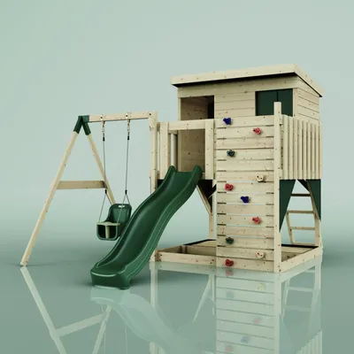 Produktbild von OutdoorToys Spielturm Tjorven aus Holz in Grün Dunkelgrün, mit Babyschaukel
