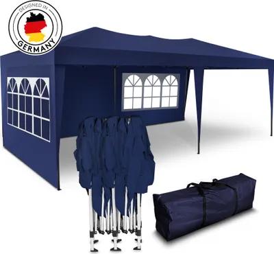 A blue pop-up tent is displayed with its frame and carrying bag.