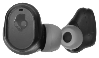 A pair of black Skullcandy in-ear headphones with gray ear tips, shown against a white background.